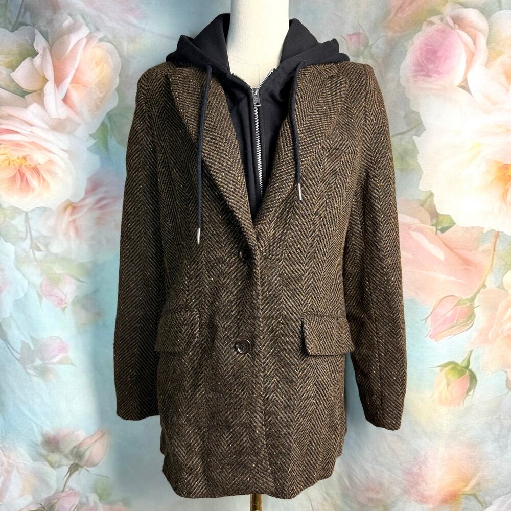NWT 7Diamonds Walnut Downtown Blazer Hooded Tweed Wool Blend Button Up Jacket